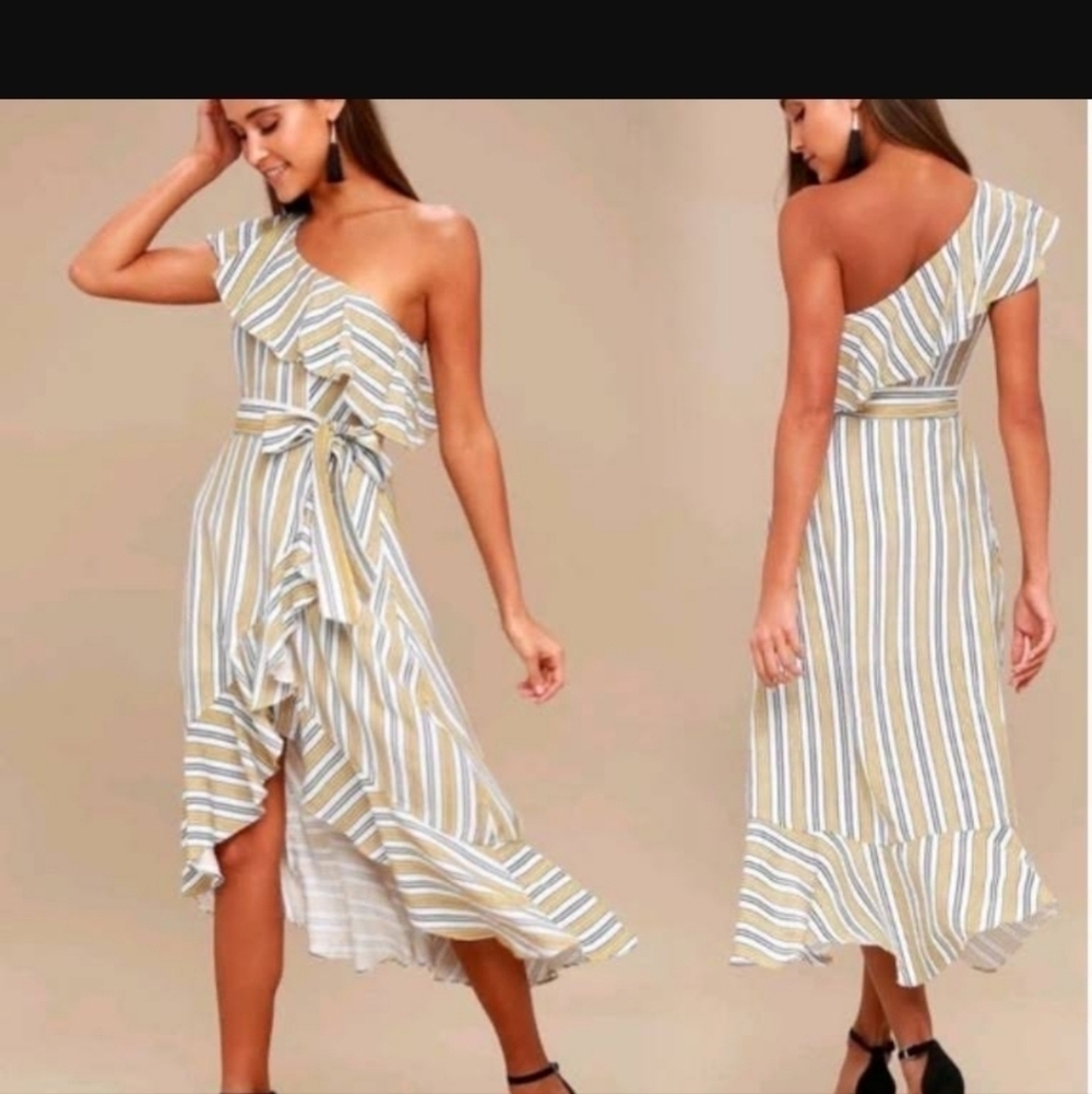 Lulus Midi Dress High Tide One Shoulder Yellow White Striped Women's Size Small